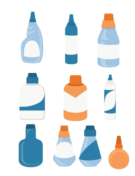 Бытовые Химические Бутылки Упаковочные Чистящие Средства Пустой Этикеткой Плоские Векторные — стоковый вектор