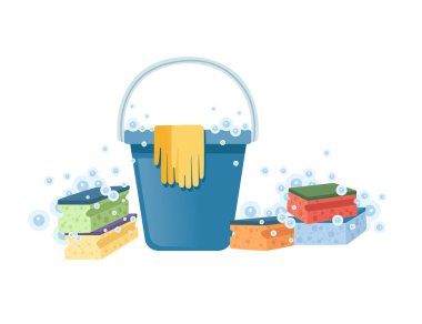 Köpük süngerli kova ve kimyasal şişe temizleme araçları ev aletleri düz vektör illüstrasyon beyaz arka plan.