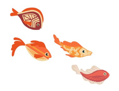 Beyaz zemin üzerinde izole edilmiş deniz egzotik balıklarının düz vektör çizimi.