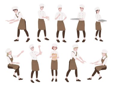 Bir grup erkek ve kadın aşçı profesyonel fırın çizgi film karakteri tasarımı düz vektör çizimi beyaz arka planda izole.