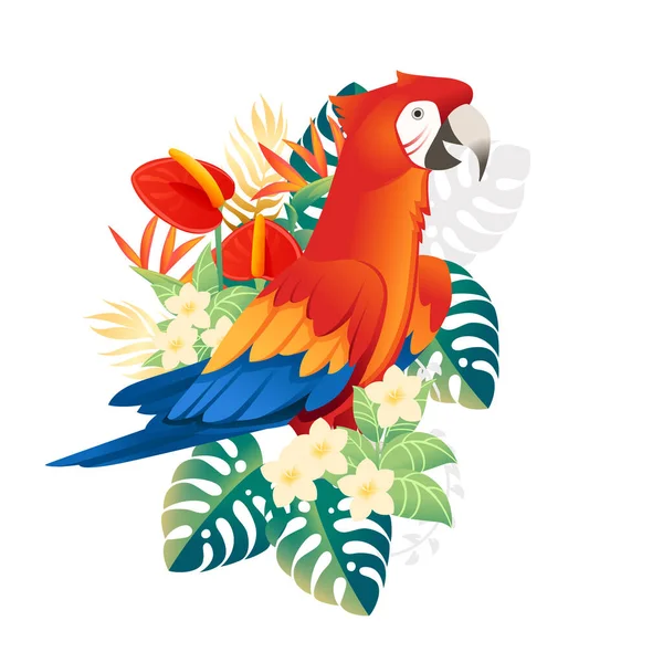 Aranyos Macaw Papagáj Ülni Zöld Levelek Piros Virág Fej Rajzfilm — Stock Vector