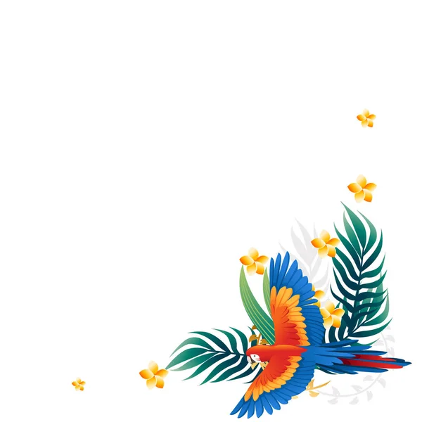 Χαριτωμένο Παπαγάλος Macaw Κάθονται Πράσινα Φύλλα Και Κόκκινο Λουλούδι Κεφάλι — Διανυσματικό Αρχείο