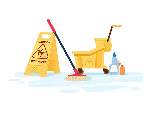 Ομάδα Εργαλείων Καθαρισμού Υγρό Πάτωμα Πινακίδα Σφουγγαρίστρα Κουβά Και Χημικών — Διανυσματικό Αρχείο