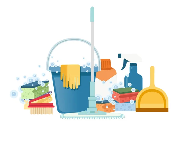 Bucket Foam Sponges Chemical Bottles Cleaning Tools Households Equipment Flat — Stock Vector