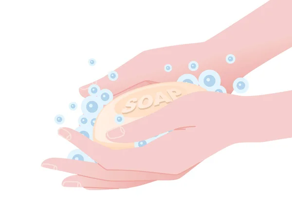 白色背景下用肥皂棒水和泡沫洗手保健程序扁平载体的说明 — 图库矢量图片