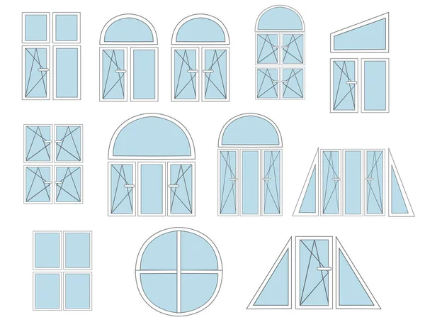 Set Von Flachen Metall Kunststoff Fenstern Weiße Farbe Und Offenes — Stockvektor