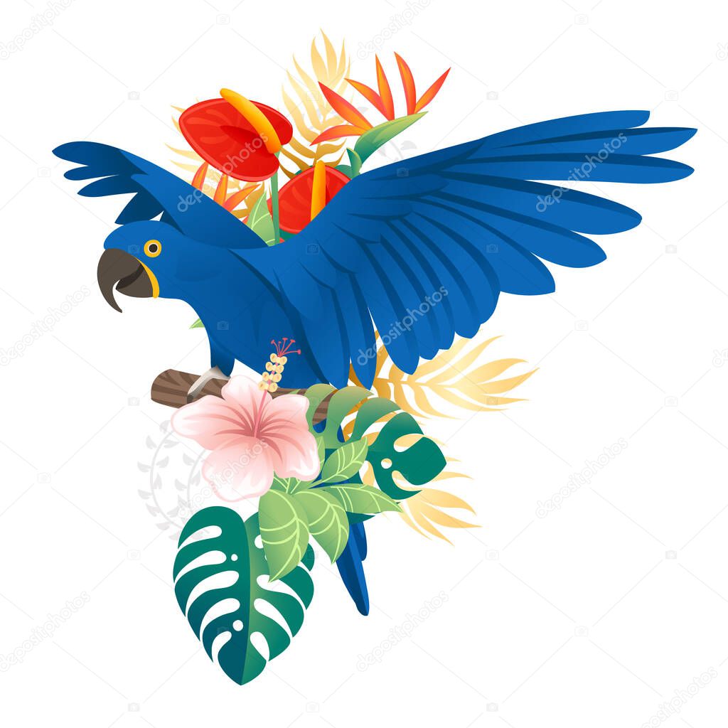 Cute Macaw parrot sit with green leaves and red flower head cartoon animal design flat vector illustration isolated on white background.