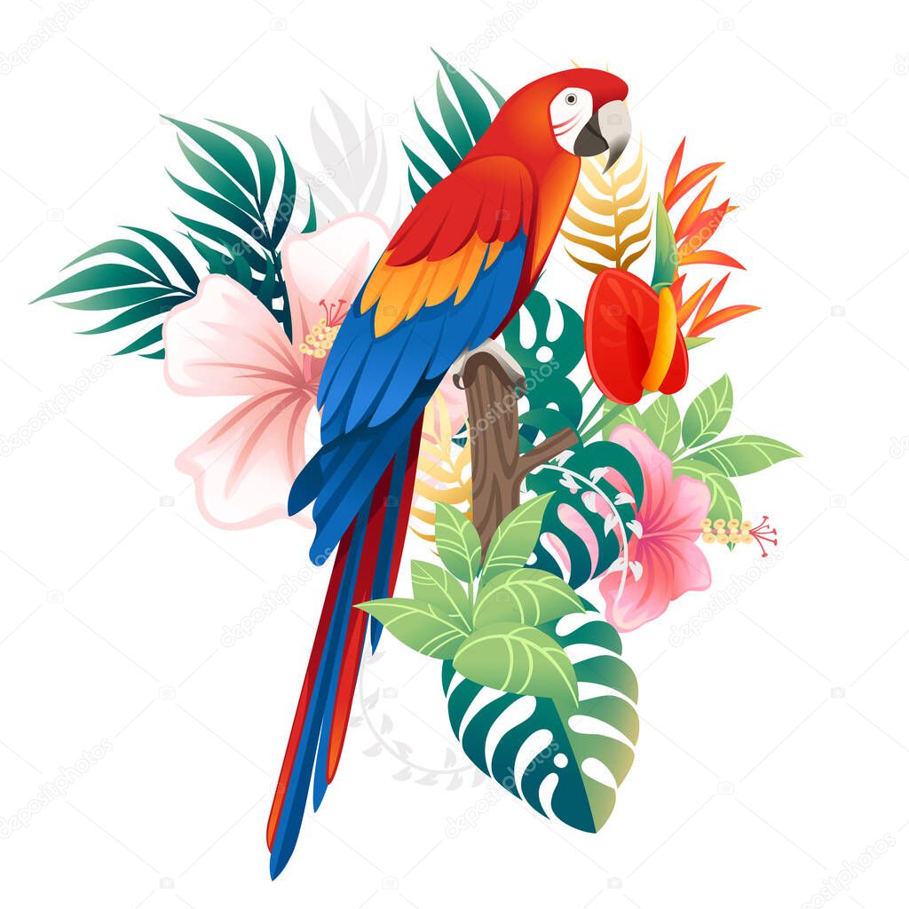 Cute Macaw parrot sit with green leaves and red flower head cartoon animal design flat vector illustration isolated on white background.