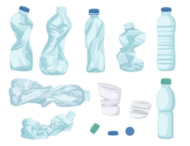 Plastik su şişesi atıkları. Farklı şişe çöpleri. Beyaz arka planda izole edilmiş şeffaf plastik düz vektör çizimi..