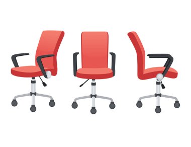 Modern ofis veya ev sandalyesi kırmızı renkli tekstil ve tekerlekler konuk ergonomik sandalye düz vektör çizimi beyaz arka planda izole.