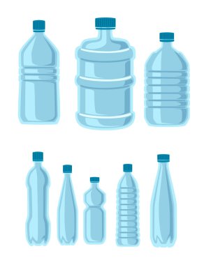 Su taşıma hizmeti için ayarlanmış plastik şişeler farklı şişe boyutu ve tasarımı boş şablon şişeleri düz vektör çizimi beyaz arka planda izole.