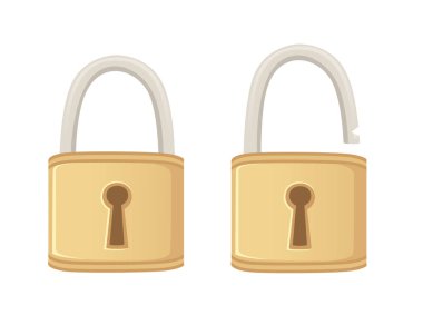 Kapalı ve açık klasik metal kilit ile beyaz arkaplanda izole edilmiş altın renkli düz vektör çizimi.