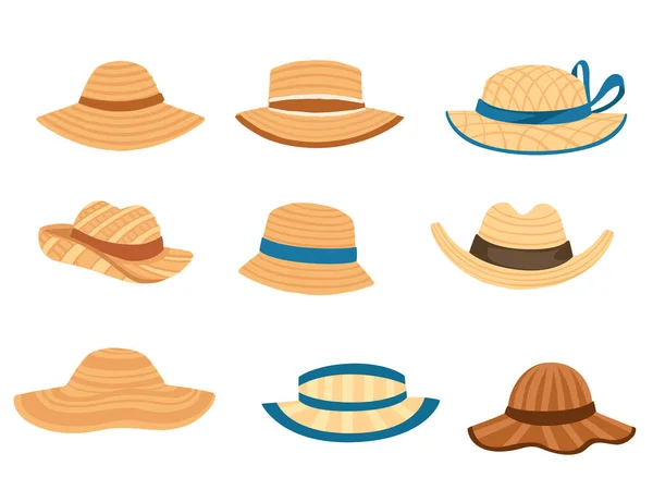 Conjunto Sombrero Heno Verano Natural Con Correa Arco Ilustración Vectorial — Vector de stock