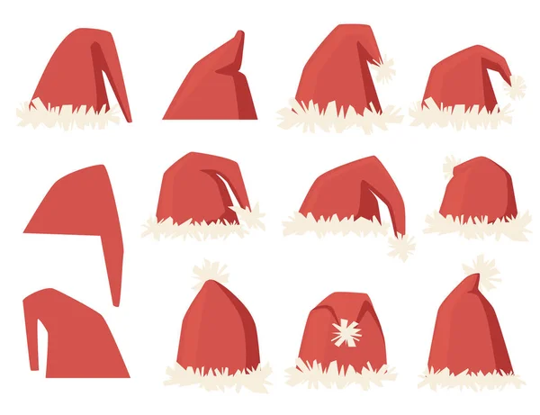 Набор Рождество Теплый Красный Традиционный Санта Стиль Шляпу Плоский Вектор — стоковый вектор