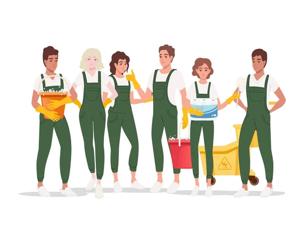 Groupe Nettoyeurs Professionnels Hommes Femmes Portant Vert Uniforme Processus Nettoyage — Image vectorielle