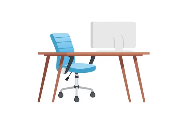 Dřevěný stůl modrá moderní židle a All-in-One PC bytový nábytek plochý vektor ilustrace izolované na bílém pozadí — Stockový vektor