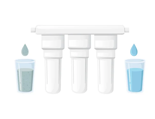 Sistema de purificación de agua para el hogar y el vidrio con ilustración vectorial plana de agua limpia y sucia aislada sobre fondo blanco — Vector de stock