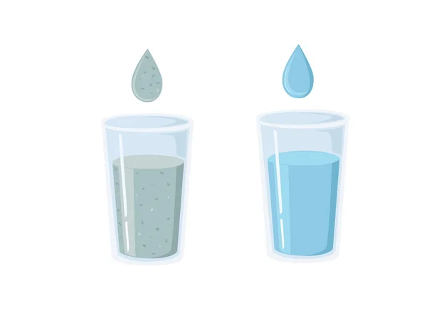 Vidrio con agua limpia y sucia agua segura filtrada para beber ilustración vectorial plana aislada sobre fondo blanco — Vector de stock