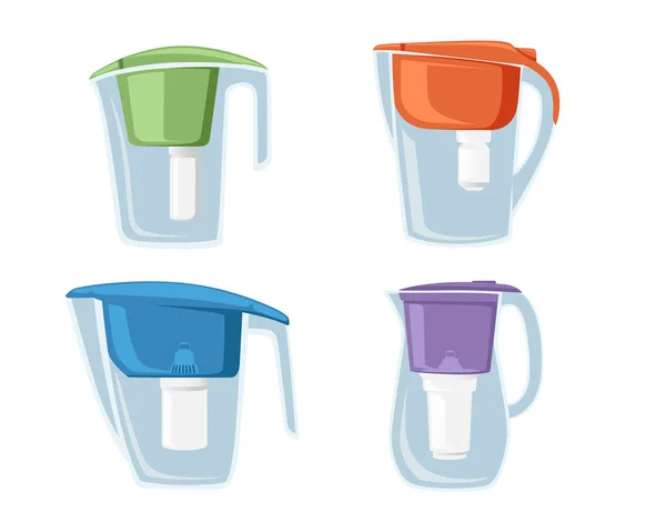 Set de jarra de agua transparente de plástico con filtro de agua reemplazable ilustración vectorial plana aislada sobre fondo blanco — Vector de stock