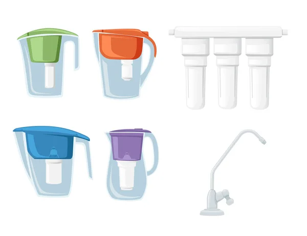 Set of plastic transparent water jug and water purification system for home with replaceable water filter flat vector illustration isolated on white background — Stock Illustration Set of plastic transparent water jug and water purification system for home with replaceable water filter flat vector illustration isolated on white background Stock Illustration