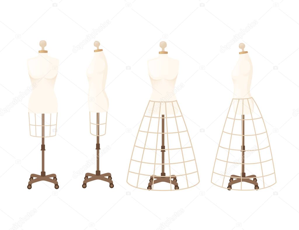 Set of mannequins for wearing dresses old fashion style dummy adjustable dress form flat vector illustration isolated on white background.