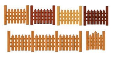 Tahta çit koleksiyonu ve farklı tasarımları var. Dikey çıtçıtalar ve çapraz destek de dahil. Çeşitli kahverengi ahşap tonlar ve inşaat stilleri. Kırsal ve meskun eskrim seti. Vektör illüstrasyonu.