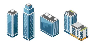 Isometric ofis binaları modern mimari ile kurulmuştur. Çatısı ekipmanlı mavi camdan gökdelenler. Şehir planlama ve emlak projeleri için çağdaş kentsel yapılar. Vektör illüstrasyonu.