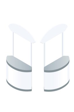 Beyaz panelleri ve gri yuvarlak tabanlı Isometric sergi podyumları. Sunum ve pazarlama etkinlikleri anlamına gelir. Profesyonel kabin tasarımı. Vektör illüstrasyonu beyazda izole edildi.