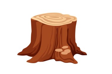 Büyüme halkaları ve yanında küçük mantarlar olan ağaç kütüğü. Doğal tahıllı turuncu-kahverengi ahşap doku. Doğa tasarımı için orman unsuru. Vektör illüstrasyonu beyaz arkaplanda izole edildi.