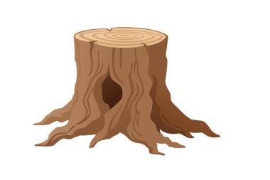 Büyüme halkaları ve küçük oyukları olan ağaç kütüğü. Açık kahverengi ahşap desenli ve doğal tahıl desenli. Açık hava manzarası tasarımları için orman unsuru. Vektör illüstrasyonu beyaz arkaplanda izole edildi.