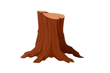 Ağaç gövdesi açıyla kesilmiş ve büyüme halkaları görünüyor. Tabanda turuncu-kahverengi ahşap dokusu ve kök sistemi var. Manzara tasarımları için doğal orman unsuru. Vektör illüstrasyonu beyaz arkaplanda izole edildi.