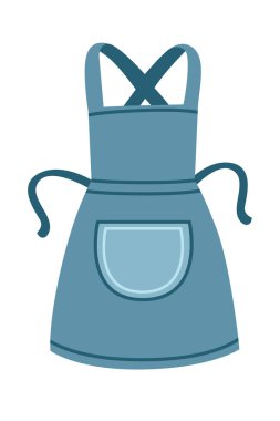 Arka kemeri çapraz ve yuvarlak cebi olan mavi mutfak önlüğü. Temiz minimalist tasarımı olan modern yemek pişirme kıyafetleri. Lokanta aşçılığı için profesyonel şef stili. Vektör çizimi izole edildi.