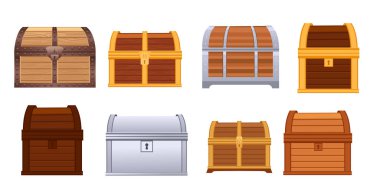 Hazine sandığı seti. Ahşap ve metal kutular, kilit ve tokalı. Farklı stil ve malzemelerden oluşan korsan hazine konteynerleri. Oyun tasarım elemanları. Vektör çizimi izole edildi.
