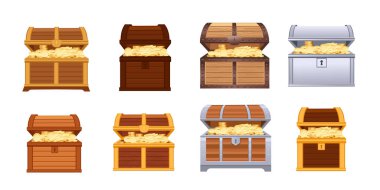 Altın paralarla hazine sandığı koleksiyonunu aç. Tahta ve altın hazinelerle dolu metal kutular. Korsan zenginlik konteynerleri. Oyun tasarım elemanları. Vektör illüstrasyonu beyazda izole edildi.