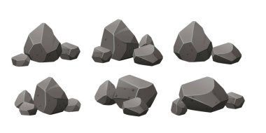 Taş kaya koleksiyonu seti. Çeşitli geometrik şekil ve boyutlarda gri kayalık oluşumlar. Manzara ve oyun tasarımı için doğal mineral elementler. Vektör illüstrasyonu beyaz arkaplanda izole edildi.