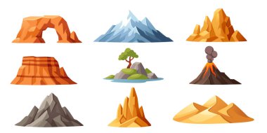 Dağ manzarası koleksiyonu seti. Çöl kemerleri, karlı tepeler, volkanik oluşumlar ve tropikal adalar. Çeşitli renklerde doğal jeolojik özellikler. Vektör illüstrasyonu beyazda izole edildi.