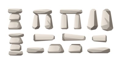 Taş kaya koleksiyonu. Çeşitli geometrik şekillerdeki gri kayalar ve düzenlemeler. İstiflenmiş ve tek sıra halinde. Tasarım için doğal mineral blokları. Vektör illüstrasyonu beyaz arkaplanda izole edildi.