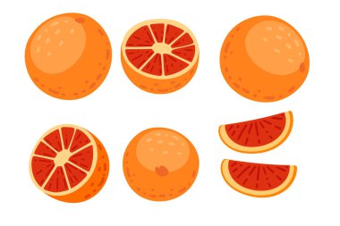 Kırmızı hamurlu greyfurt koleksiyonu. Turuncu turunçgil ve dilimlenmiş kama. Düz çizgi film tarzında taze, sulu bölümler. Sağlıklı vitamin meyve seti. Vektör illüstrasyonu beyaz arkaplanda izole edildi.