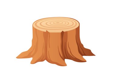 Ağaç kütüğü, büyüme halkaları ve ahşap yapılı. Turuncu-kahverengi kereste kesiği dairesel desenler gösteriyor. Açık hava tasarımı için doğal orman unsuru. Vektör illüstrasyonu beyaz arkaplanda izole edildi.