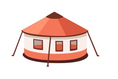 Pencereleri ve girişi olan turuncu çadır. Konik çatı tasarımlı yuvarlak geleneksel bir barınak. Açık hava eğlencesi için göz kamaştırıcı bir yer. Vektör illüstrasyonu beyaz arkaplanda izole edildi.