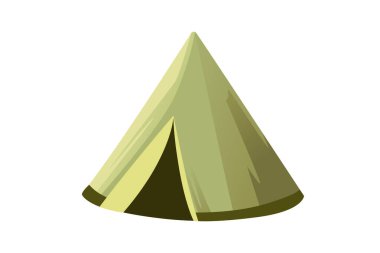 Koyu renkli girişi olan yeşil üçgen bir çadır. Açık hava maceraları ve yürüyüş gezileri için kamp sığınağı. Sırt çantası için hafif tasarım. Vektör illüstrasyonu beyaz arkaplanda izole edildi.