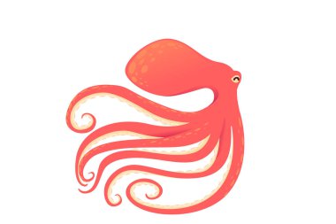 Kıvrımlı ve sarmal dokunaç dizaynlı ahtapot. Dekoratif kıvrımlı kol desenli kırmızı sefalopod. Sanatsal dokunaçları olan bir deniz yaratığı. Vektör illüstrasyonu beyazda izole edildi.