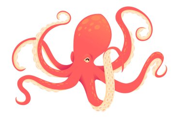 Kavisli dokunaçları aktif hareket eden dinamik ahtapot. Kızıl deniz sefalopodları ve akıcı silah sistemleri. Emme kabı olan enerjik su altı yaratığı. Vektör çizimi izole edildi.