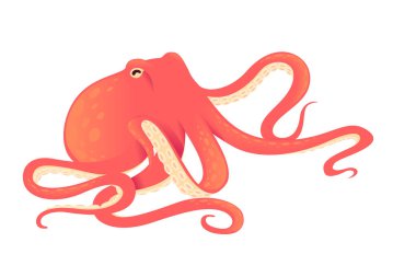 Okyanus tabanında gevşek dokunaçları olan ahtapot dinleniyor. Kırmızı kafadanbacaklı, eğri kollu, barışçıl bir poz verdi. Deniz yaratığı sualtında sakin bir konumda. Vektör illüstrasyonu beyazda izole edildi.