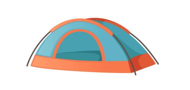 Turuncu kamp çadırı. Mavi aksanlı ve kıvrımlı tasarımı olan kubbe tarzı bir barınak. Yürüyüş maceraları için modern açık hava ekipmanları. Vektör illüstrasyonu beyaz arkaplanda izole edildi.