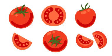 Kırmızı domates koleksiyonu ve içinde tohumlar olan dilimler. Pişirme tarifleri için yeşil yapraklı taze sebze. Vektör illüstrasyonu beyaz arkaplanda izole edildi.