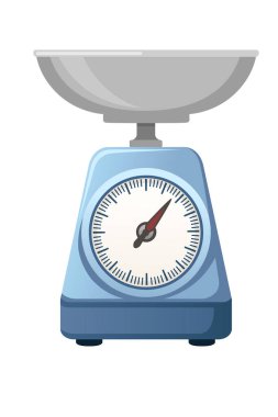 Metal kaseli mavi mutfak terazisi ve analog arama göstergesi. Yemek pişirme ve pişirme tarifleri için geleneksel tartma cihazı. Klasik tarz yiyecek ölçüm aracı. Vektör illüstrasyonu beyazda izole edildi.