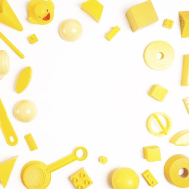 Sarı oyuncaklar arka plan üzerinde beyaz üstten görünüm. Çocuklar oyuncak çerçeve beyaz arka plan üzerinde. Üstten görünüm. Düz yatıyordu.              