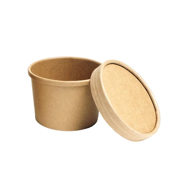 白い背景に隔離されたスープのための蓋付きの茶色の紙コップ — ストック写真