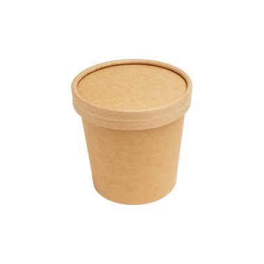 Beyaz arka planda izole edilmiş çorba için kapağı olan büyük kahverengi kağıt bardak.